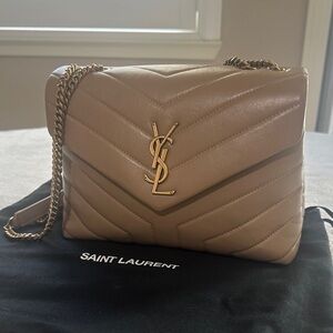 Saint Laurent Quilted Shoulder Bag in Beige with Gold Hardware